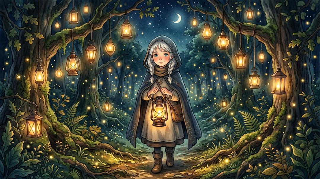 A young silver-haired girl holding a glowing amber lantern surrounded by hanging illuminated lanterns among tall ancient trees