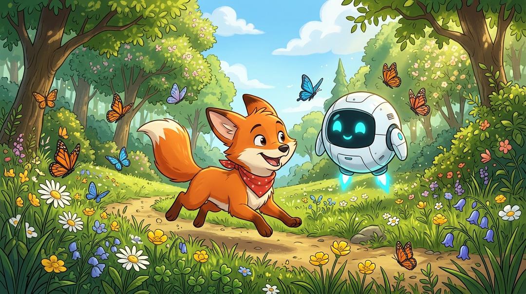 A cheerful red fox wearing a scarf running happily alongside a cute floating white spherical robot with glowing cyan eyes