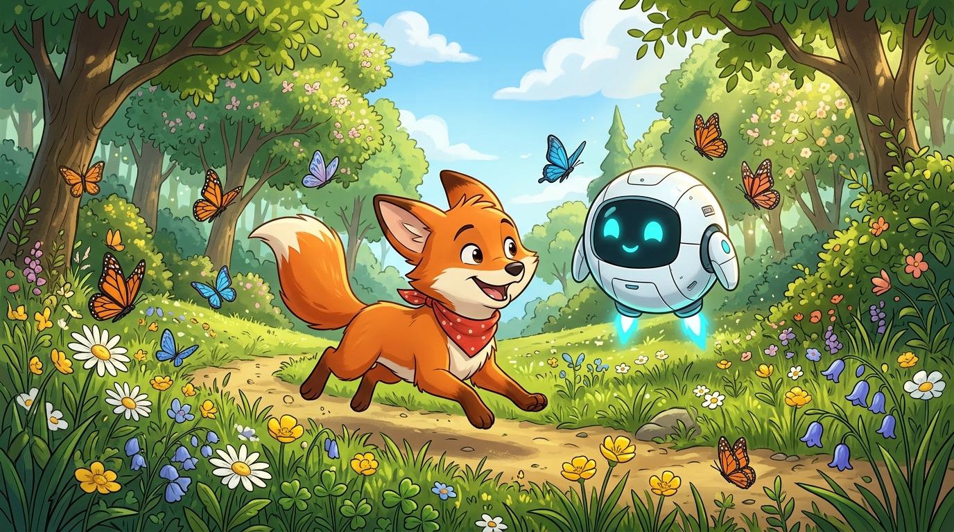 Orbit the robotic companion and Ollie the friendly red fox running together in a sunny forest