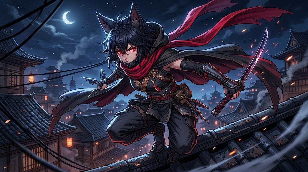 Comparison artwork featuring Moonblade the disciplined swordsman alongside Shadow Fox the cloaked rogue with kitsune ears