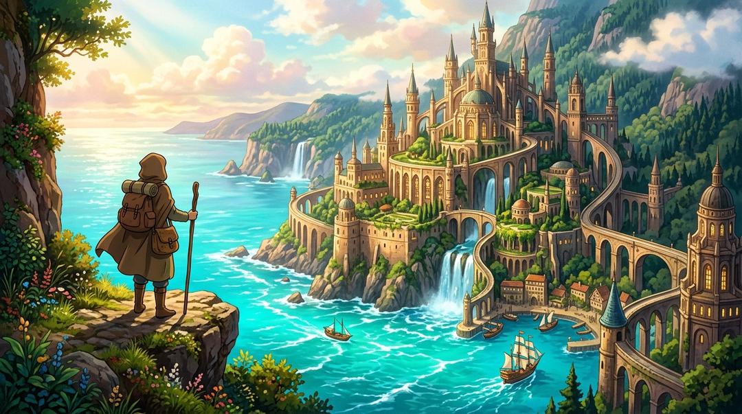 A breathtaking coastal valley with stone bridges, ascending castle spires, and a wanderer gazing at the sea