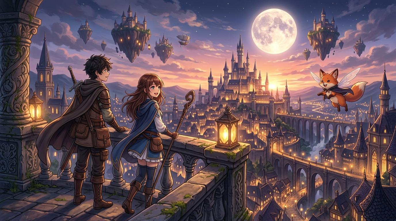 Two anime adventurers and a flying fox companion overlooking a twilight kingdom with floating islands and a giant moon