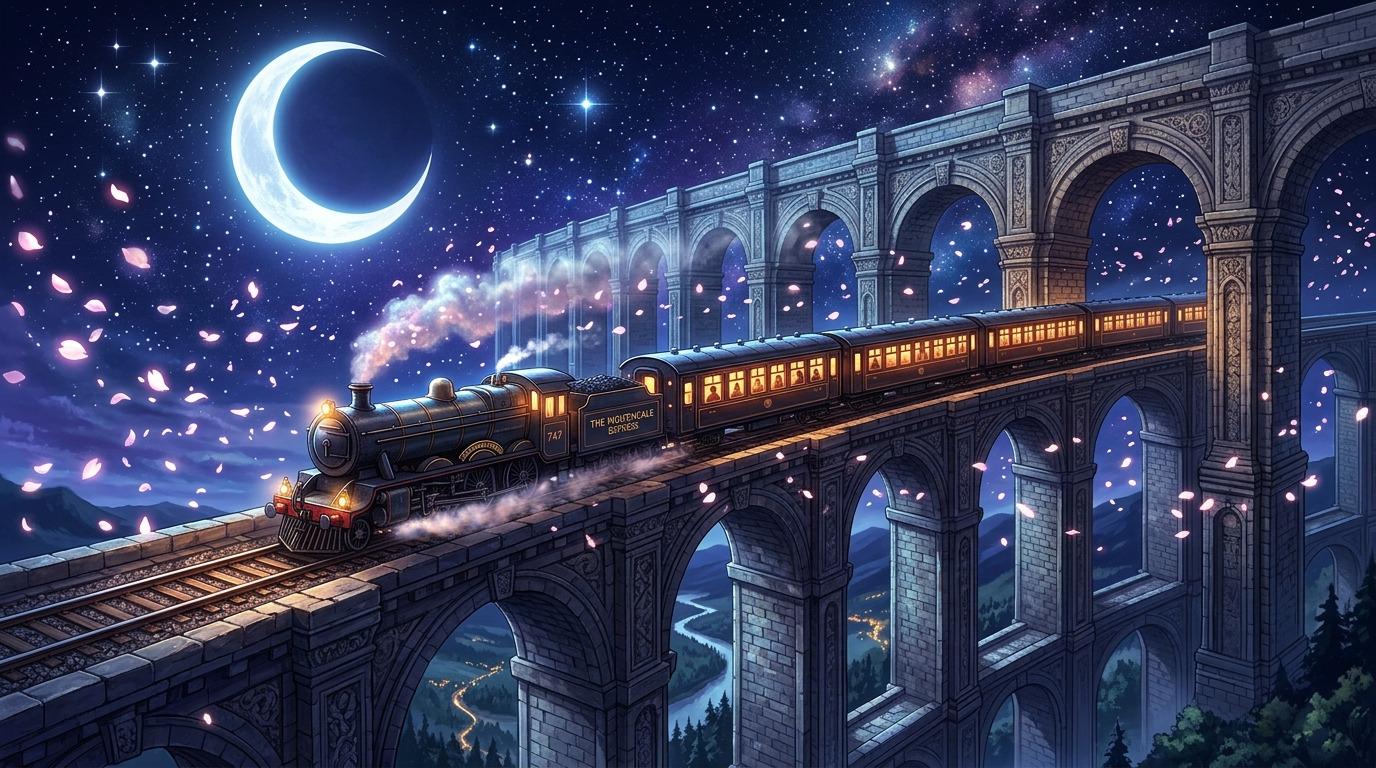 A vintage passenger train with amber glowing windows travelling along a moonlit mountain viaduct under starry skies