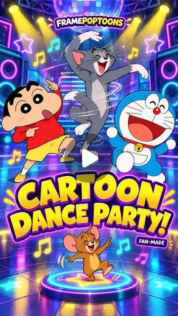 Shin-chan, Doraemon, Tom and Jerry having a dance party in a colorful animated room
